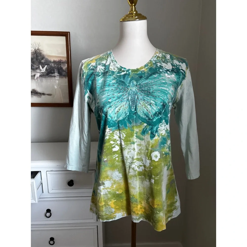 Vintage Style & Co Sport Butterfly Rhinestone Top‎ Teal Green Y2K 3/4 Sleeve L
